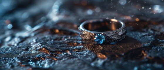 Jewelry ring with blue sapphire on a black background. Perfect for jewelry store advertisements or engagement-related content with Copy Space.