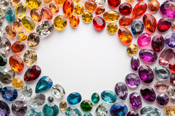 Colorful gems on white. Colorful Sapphires, ruby, amethyst, topaz, emerald gemstones scattered on a white background with empty space in the center. Precious gems and minerals collection, jewelry