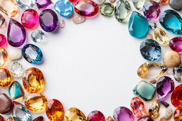 Colorful gems on white. Colorful Sapphires, ruby, amethyst, topaz, emerald gemstones scattered on a white background with empty space in the center. Precious gems and minerals collection, jewelry