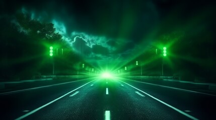 Road green neon warning lights at night