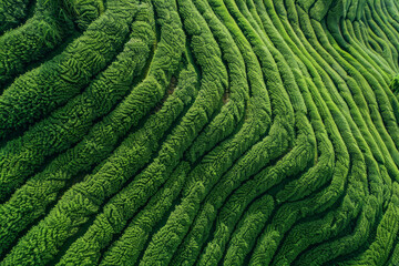 Fototapeta premium An aerial view of a field of soybeans. The drone captures the neat rows of plants, creating a stunning pattern.
