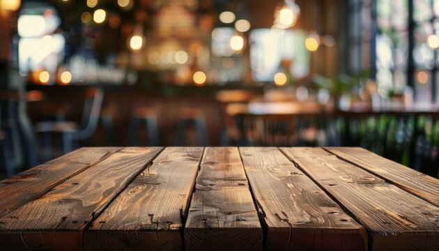 Empty wooden table in cafe with blur background creating an exuberant image