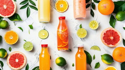 Citrus fruit juices, fresh and smoothies, food background, top view. Mix of different whole and cut fruits: orange, grapefruit, lime, tangerine with leaves and bottles with drinks on white table - obrazy, fototapety, plakaty