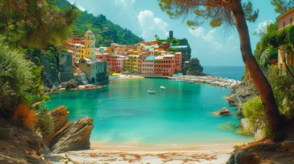 Papier peint adhésif Europe méditerranéenne Scenic view of colorful village Vernazza and ocean coast in Cinque Terre, Italy.