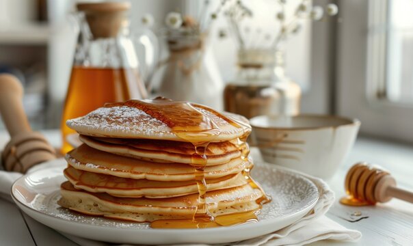 Pankakes on the plate poured with honey on decorated table in modern white kitchen with daylight