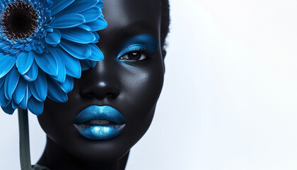 Beautiful macro photo of a black woman with painted lips and flower in same color. White background.