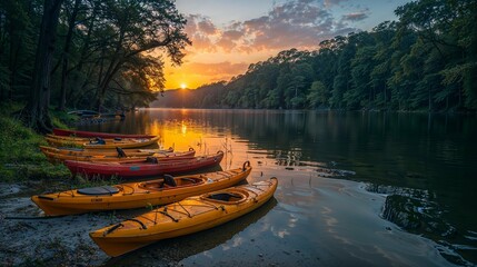 Canoe on lake at sundown