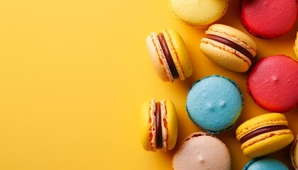 France macarons in vibrant colors on a yellow backdrop