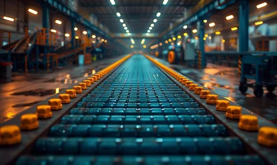Fotobehang In a city factory, an electric blue conveyor belt with symmetrical blue and yellow rollers moves products along the line for mass production. The engineering marvel is powered by electricity © RichWolf