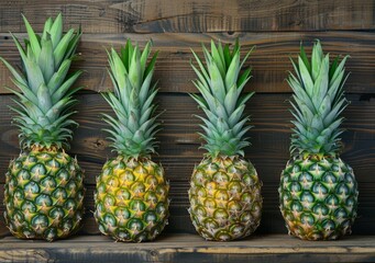 Four ripe pineapples in a row with copy space on wooden background in tropical theme - obrazy, fototapety, plakaty
