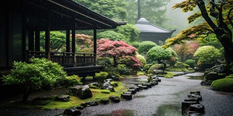 Japanese garden in the rain.