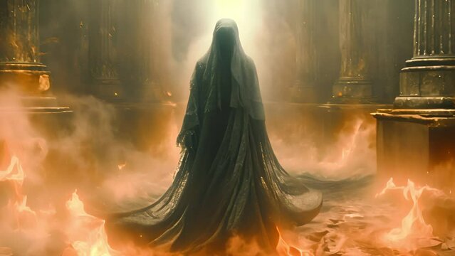 A creepy person facing the purgatory world, Death mystery fog with spirit between worlds. Scary spooky 4k video moody hell