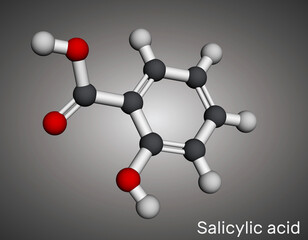 Salicylic acid molecule. It is used in the production of pharmaceuticals, in cosmetics. Molecular model. 3D rendering