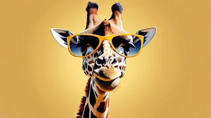 Portrait of a giraffe with glasses on a yellow monochrome background. The concept of vision. Creative design. Space for text, free space, copyspace.