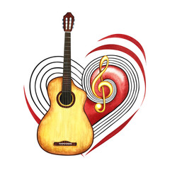 A six-string guitar on the background of a red musical heart with a treble clef. The watercolor illustration is hand-drawn. For logos, badges, stickers and prints. For postcards, business card, flyer