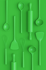 Wooden kitchen utensils, tools and equipment on green monochrome background.