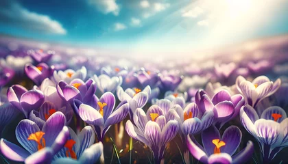 Schilderijen op glas A field of blue and purple crocus flowers Easter Spring background banner © Marinesea