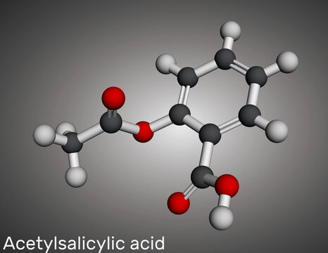Acetylsalicylic acid, aspirin, ASA molecule. It is salicylate, analgesic and antipyretic drug. Molecular model. 3D rendering.