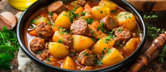 Delicious homemade beef stew with hearty potatoes and fresh carrots in a rustic bowl