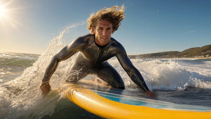 A man in a wetsuit surfing on a yellow surfboard. - obrazy, fototapety, plakaty