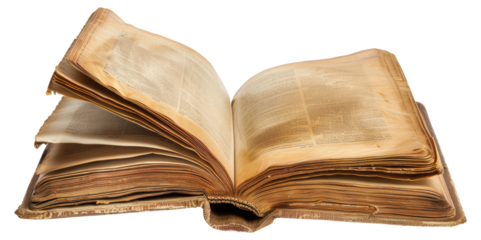 Antique open book with weathered pages, cut out - stock png.