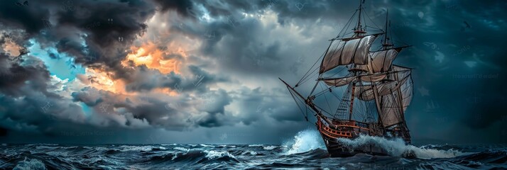 Fototapeta premium Antique Ship in Storm, Vintage Pirate Boat, Historical Sailboat, Copy Space