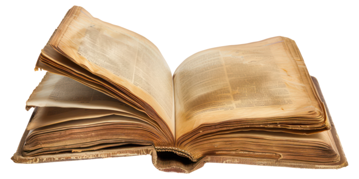 Antique open book with weathered pages, cut out - stock png.