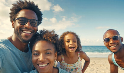 Selfie famille heureuse - vacances d'été plage - obrazy, fototapety, plakaty