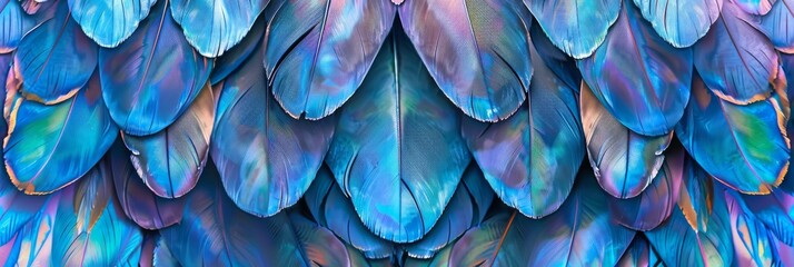 Fototapeta premium Blue Color Feathers Background, Rainbow Tint Colored Plumage, Scaly Wings Texture, Copy Space
