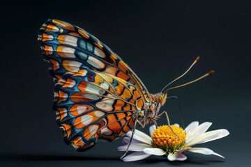 The result of a professional shooting of a butterfly with a delicate and patterned wings and a flower on it