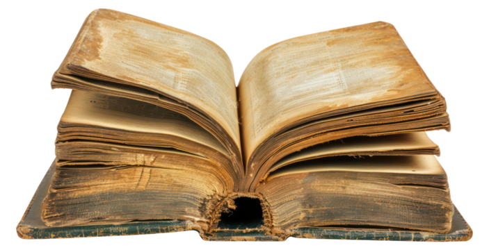 Antique open book with weathered pages, cut out - stock png.