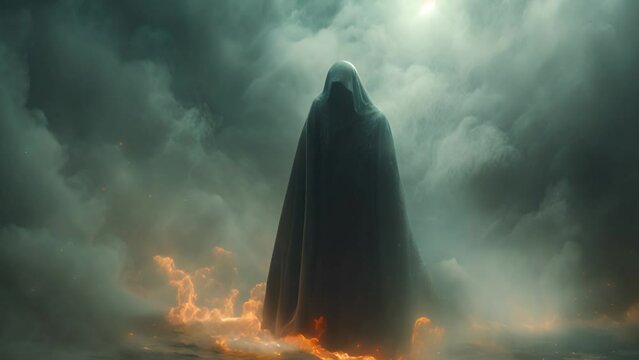 A creepy person facing the purgatory world, Death mystery fog with spirit between worlds. Scary spooky 4k video moody hell