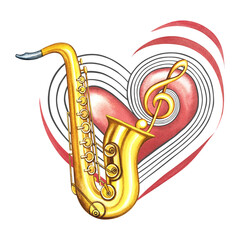 A golden saxophone on the background of a red musical heart with a treble clef. The watercolor illustration is hand-drawn. For logos, badges, stickers and prints. For postcards, business cards, flyer.