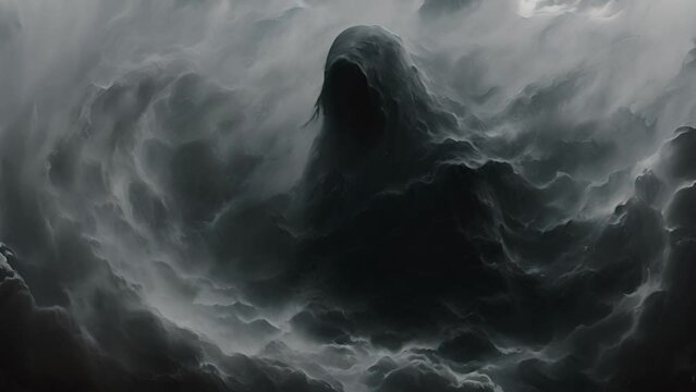 A creepy person facing the purgatory world, Death mystery fog with spirit between worlds. Scary spooky 4k video moody hell