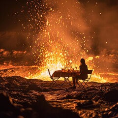 Romantic Dinner on Erupting Volcano, Romantic Couple Having Dinner Among Lava Flows, an Unforgettable Experience