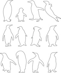 Penguin black icon set line vector collection isolated on transparent. Logo baby cartoon character symbol graphic doodle animal element, characters play fun, make snowman, skating and skiing