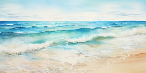 Watercolor Beach with Sea Waves, Aquarelle Ocean Tide, Vacation Background with Sea Waves Drawing - obrazy, fototapety, plakaty