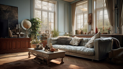 A trendy living room with a mix of traditional and augmented reality decor