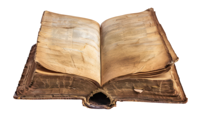 Antique open book with yellowed pages, cut out - stock png.