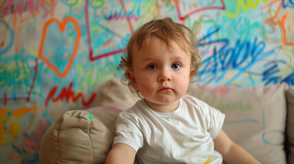 Naklejka premium Child painted the walls of the apartment with felt-tip pens and multi-colored paints. 