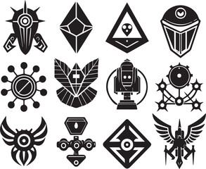 Set Greyscale cyberpunk video game symbol. Hand drawn vector illustration