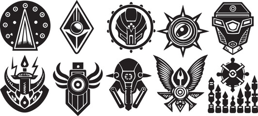 Fototapeta na wymiar Set Greyscale cyberpunk video game symbol. Hand drawn vector illustration