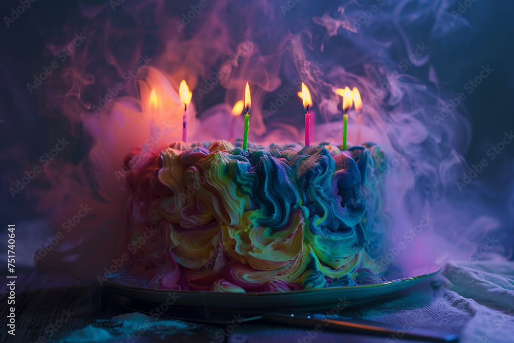 Poster the result of a professional shooting of a cake with a delicious and colorful frosting and candles o