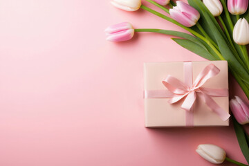 Obraz na płótnie Canvas Gift box adorned with pink and white tulip flowers and a ribbon, set against a pink background. High quality photo