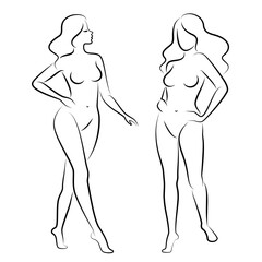 Silhouette of a nice lady, she is standing. The girl has a beautiful naked figure. The woman is a young sexy and slender model. Vector illustration.