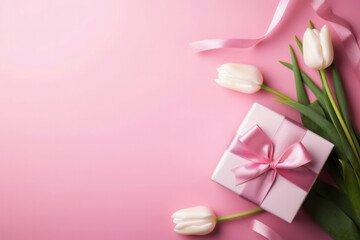 Obraz na płótnie Canvas White tulips and pink gift box on pink background with copy space. High quality photo
