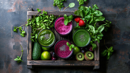 Green fresh juices or smoothies with fruit, greens, vegetables in wooden tray, top view, selective focus. Detox, dieting, clean eating, vegetarian, vegan, fitness, healthy lifestyle concept