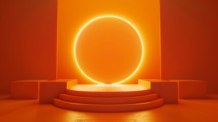 Bright orange background with light circle product or cosmetics. High quality photo