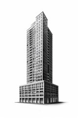 A full view photograph showcasing a realistic skyscraper standing tall, isolated against a pristine white background, perfect for photomagazine features