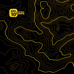 The stylized height of the topographic map contour in lines and contours. The concept of a conditional geography scheme and the terrain path. Orange lines on a dark background. Vector illustration.
